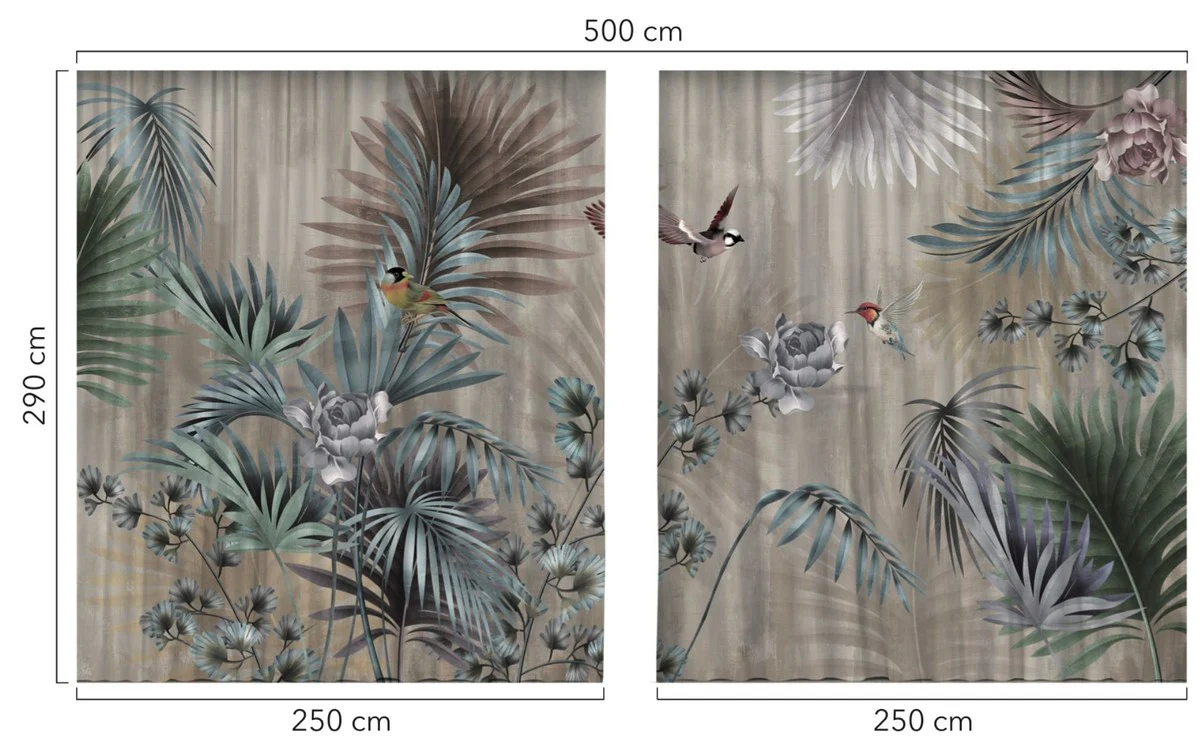 Luxury Curtain Set Plants & Birds Multicolored 250 x H. 290 cm - Printed Linen & Velvet Curtains - Eyelet Curtains - Sliding Curtains - Luxury Collection