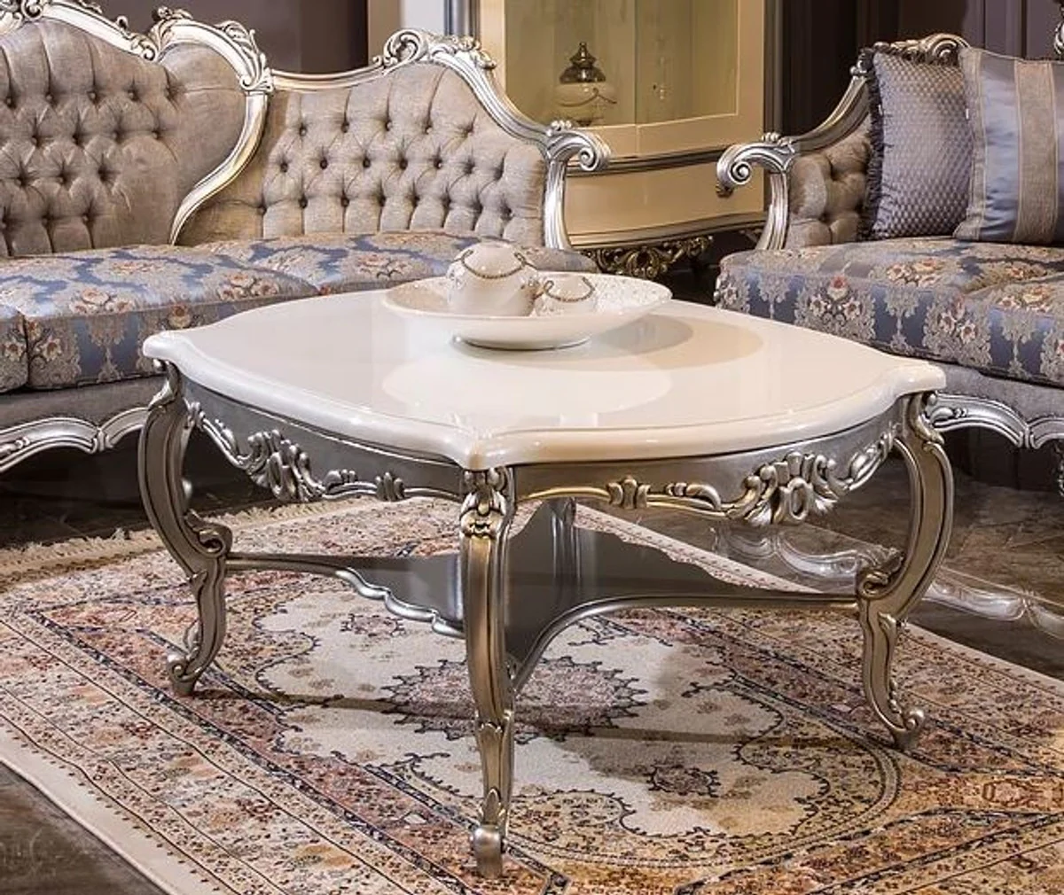 Luxury baroque coffee table white / silver 118 x 89 x H. 58 cm - solid wood living room table - baroque style furniture