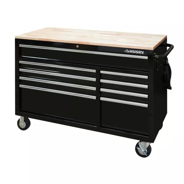 52 IN W 9-DRAWER, DEEP TOOL CHEST MOBILE WORKBENCH in GLOSS BLACK MIT HARDWOOD TOP