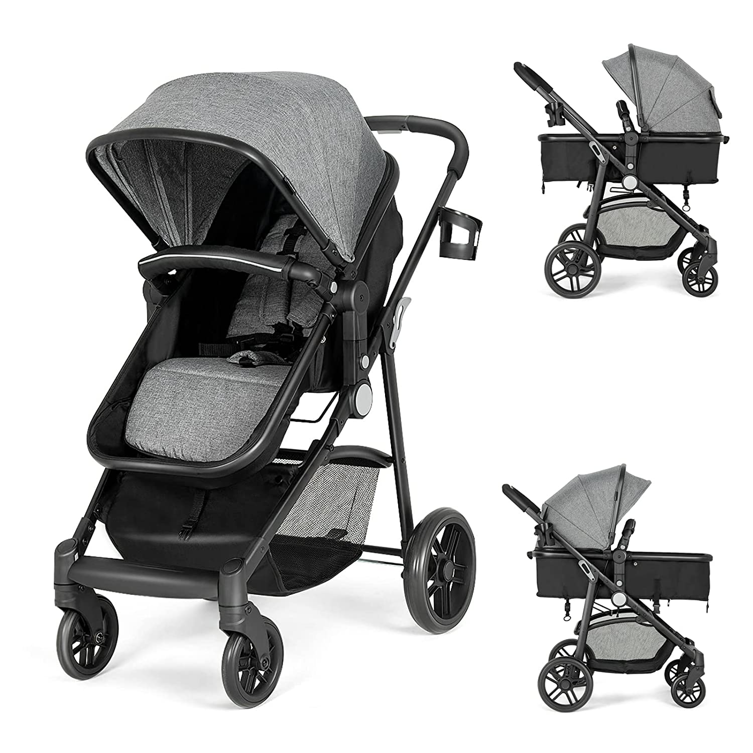 Kinderwagen, umwandelbarer Hochformat-Kinderwagen mit Stubenwagen, verstellbares Verdeck und Rückenlehne, Aufbewahrungskorb, Getränkehalter, faltbarer Kinderwagen für Neugeborene (Rosa)