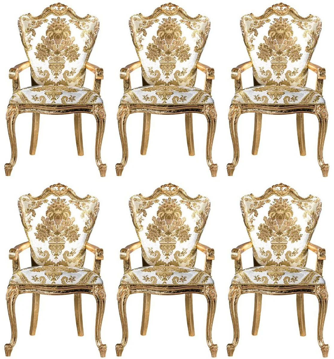 Luxury Baroque dining room chair set white / gold - 6 handmade kitchen chairs with armrests and elegant pattern - Baroque dining room furniture - noble & magnificent