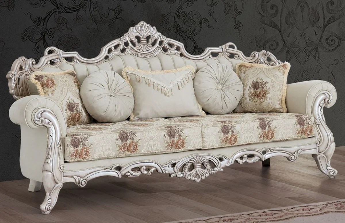 Luxury Baroque Sofa Cream / Beige / Multicolored / Antique White - Magnificent living room sofa with elegant pattern - Baroque living room furniture