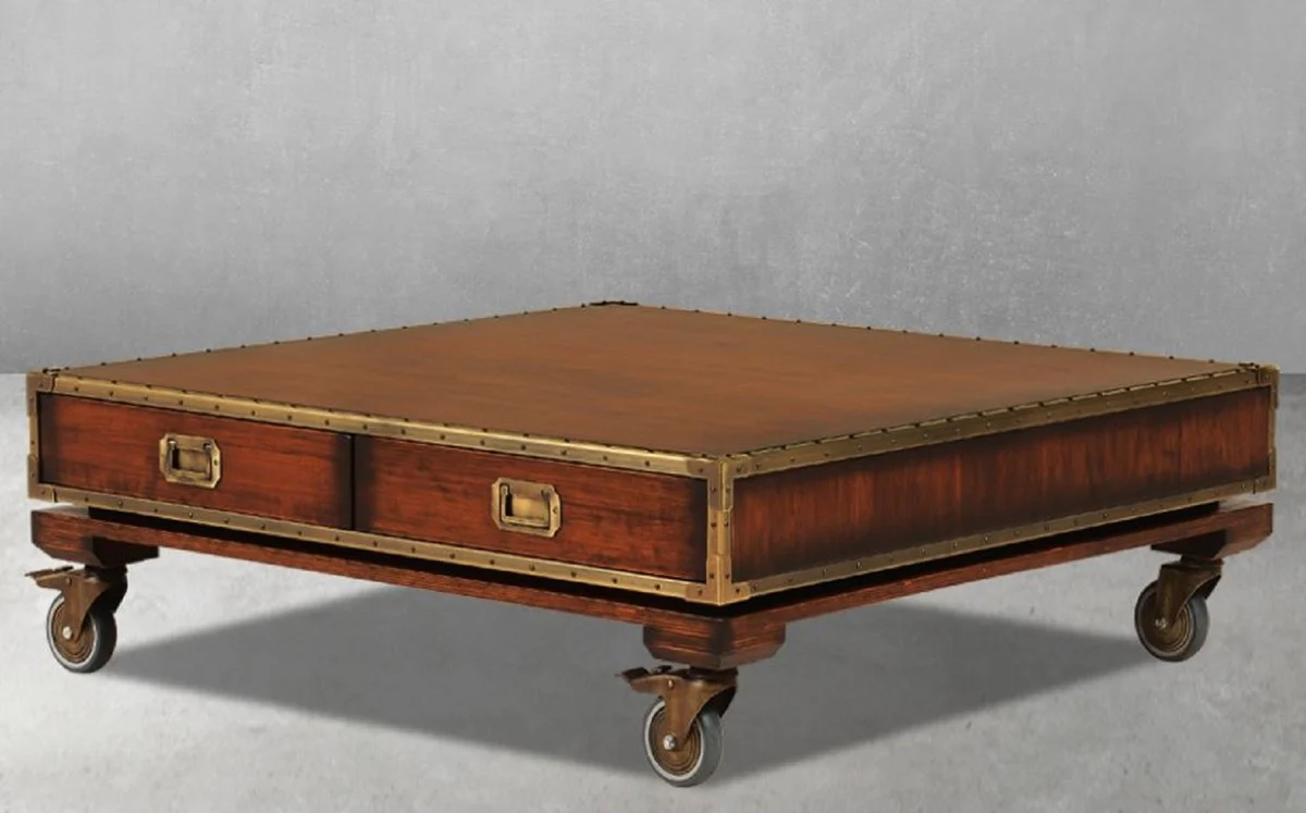 Luxury vintage style coffee table brown / brass 109 x 109 x H. 35 cm - Square solid wood living room table with wheels and drawers - Vintage style living room furniture - Luxury furniture