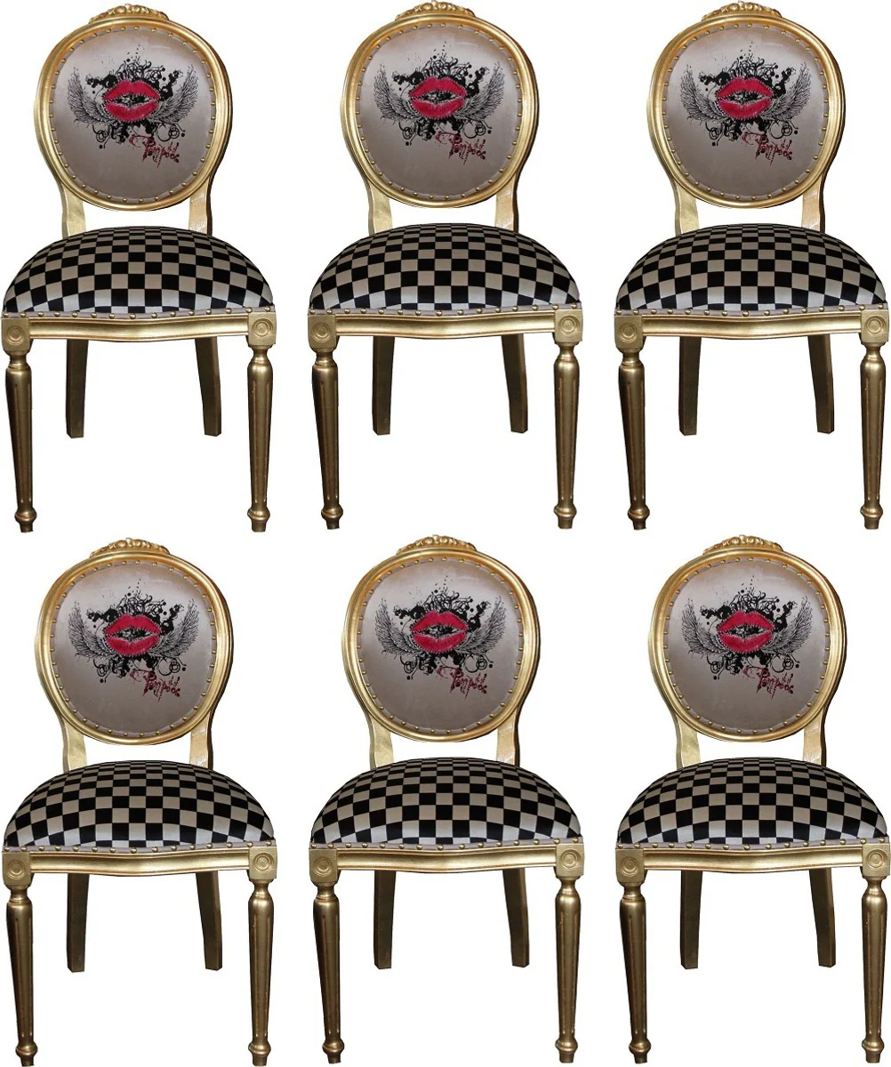 Pompöös by Luxury Baroque Dining Room Chairs Red Lips Cream / Checkered / Gold - Pompöös Baroque Chairs designed by Harald Glööckler - 6 dining room chairs