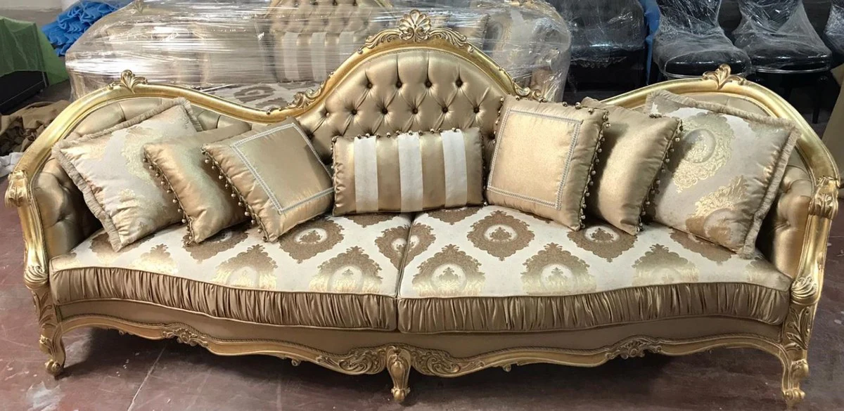 Luxury Baroque Sofa Gold 300 x 90 x H. 119 cm - Magnificent living room sofa with elegant pattern - Baroque furniture