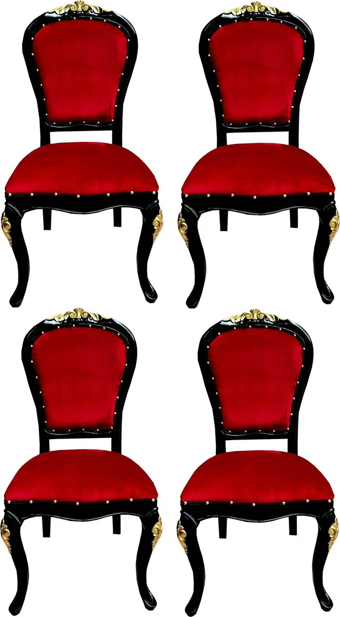 Luxury Baroque dining room set Bordeaux red / black / gold 50 x 50 x H. 110 cm - 4 handmade solid wood dining chairs with velvet fabric - Baroque dining room furniture
