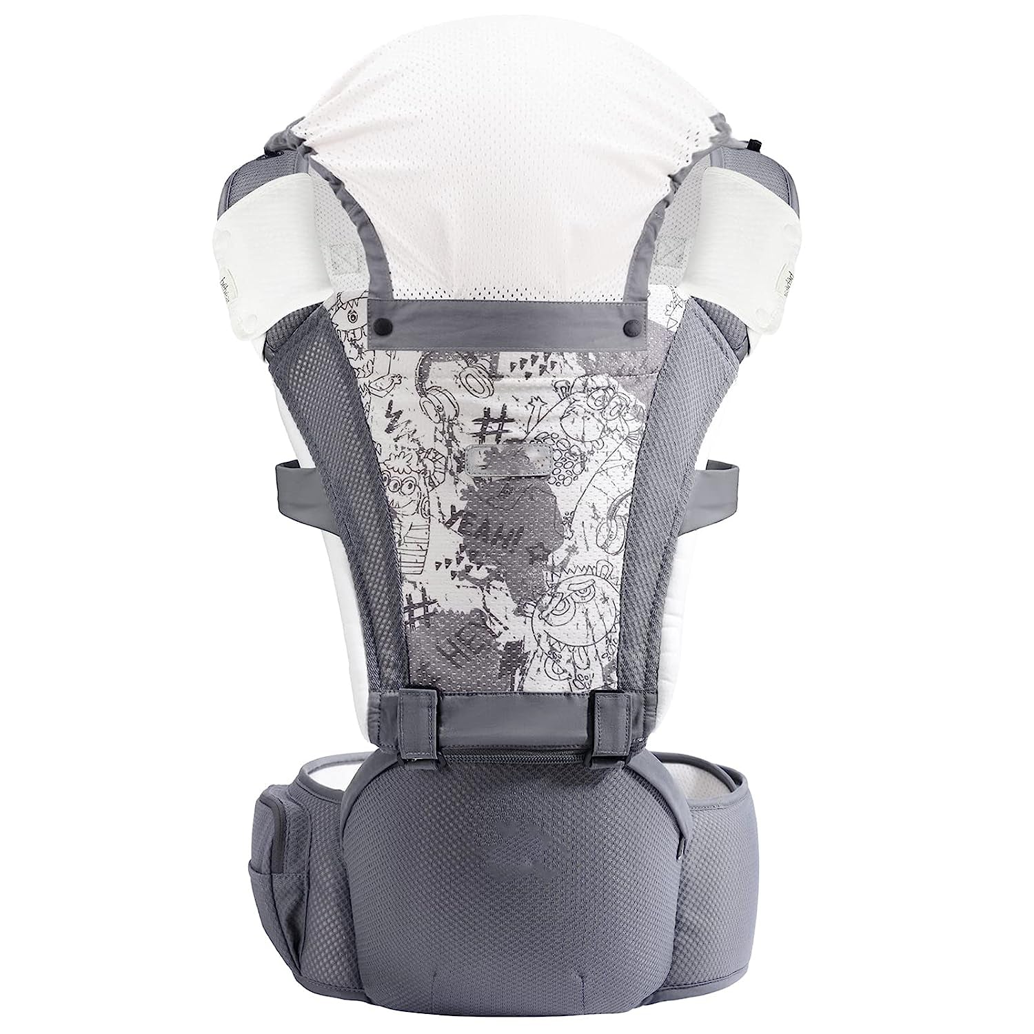 Babytrage für Neugeborene bis Kleinkinder, Baby-Hüfttrage mit Kopfhaube, Taillenverlängerung und 3 Beißpolstern (grau)