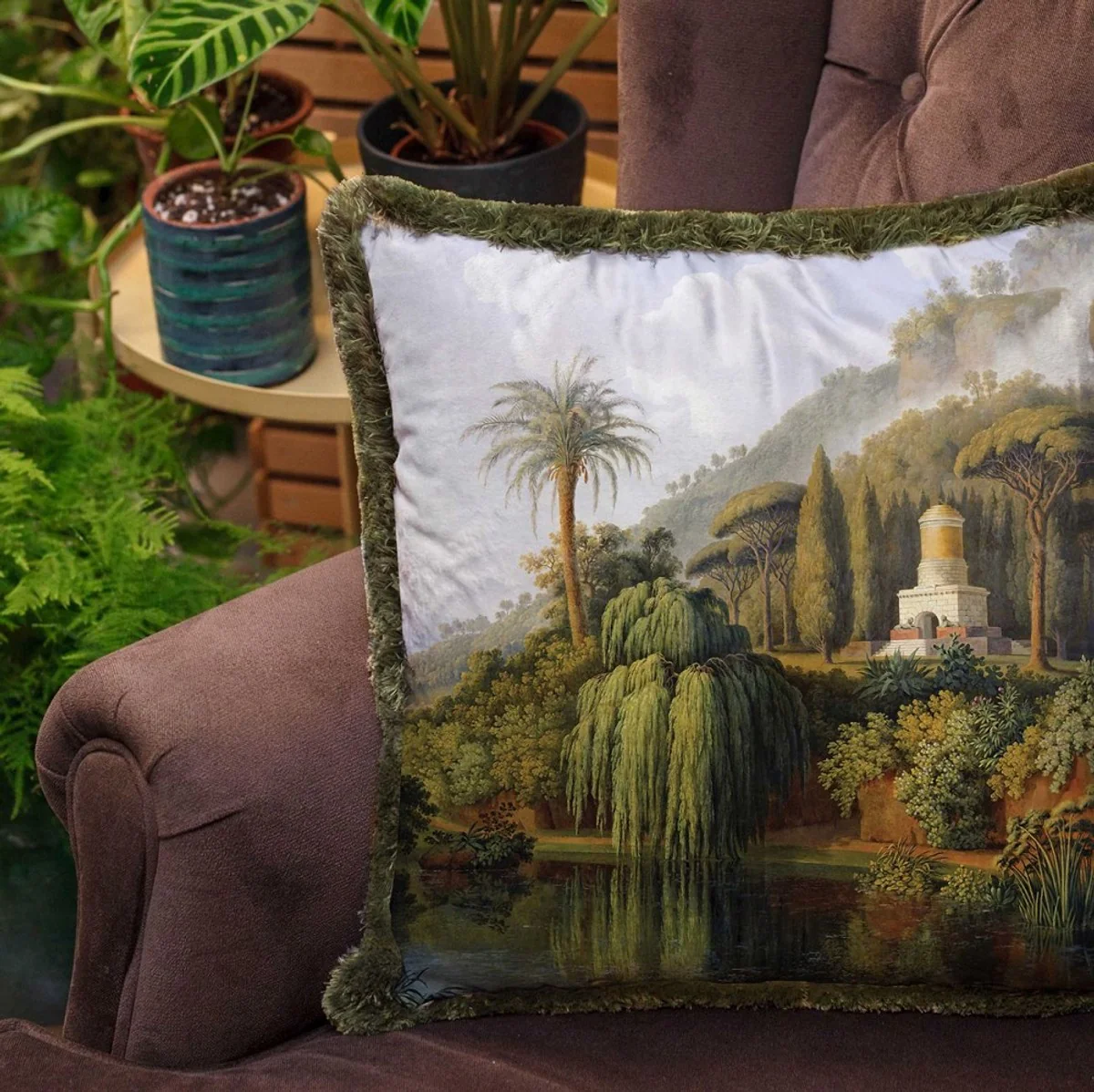 Luxury decorative cushion landscape multicolored / green 45 x 45 cm - printed velvet cushion with fringes - luxury decorative accessories