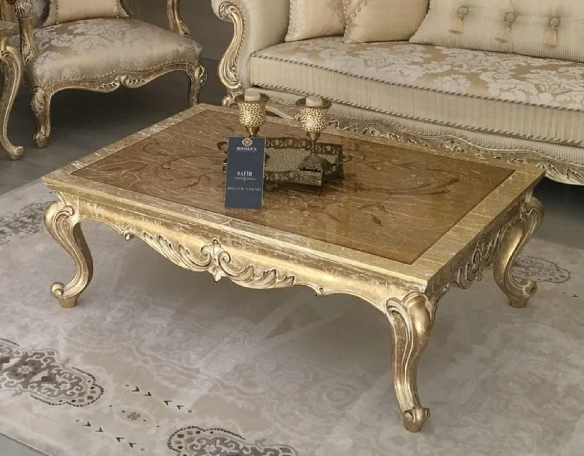 Luxury Baroque Living Room Set Gold / Antique Gold - 2 Sofas & 2 Armchairs & 1 Coffee Table & 2 Side Tables - Handcrafted Living Room Furniture in Baroque Style - Noble & Magnificent