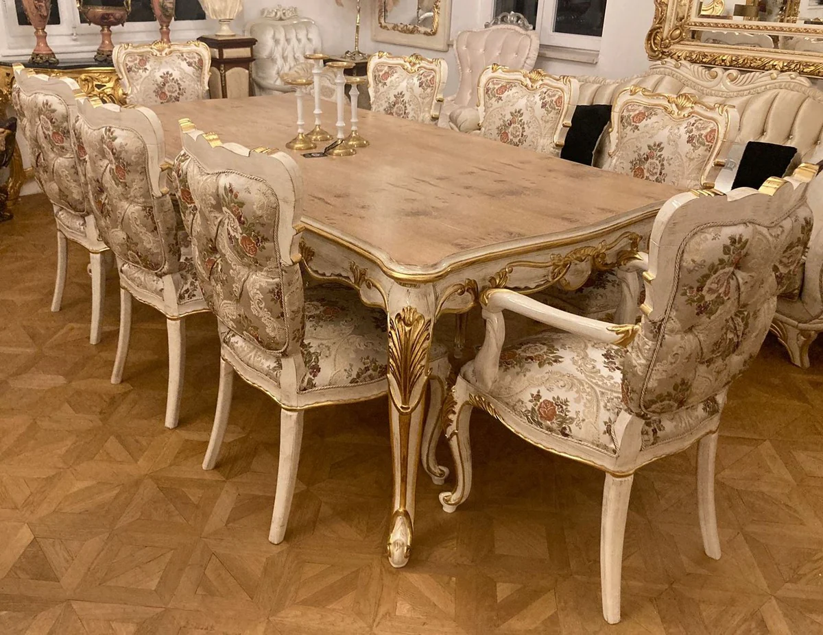 Luxury Baroque Dining Room Set Silver / Multicolored / Antique White / Gold - 1 Baroque Dining Table & 8 Baroque Dining Chairs - Baroque Dining Room Furniture - Luxury Furniture in Baroque Style