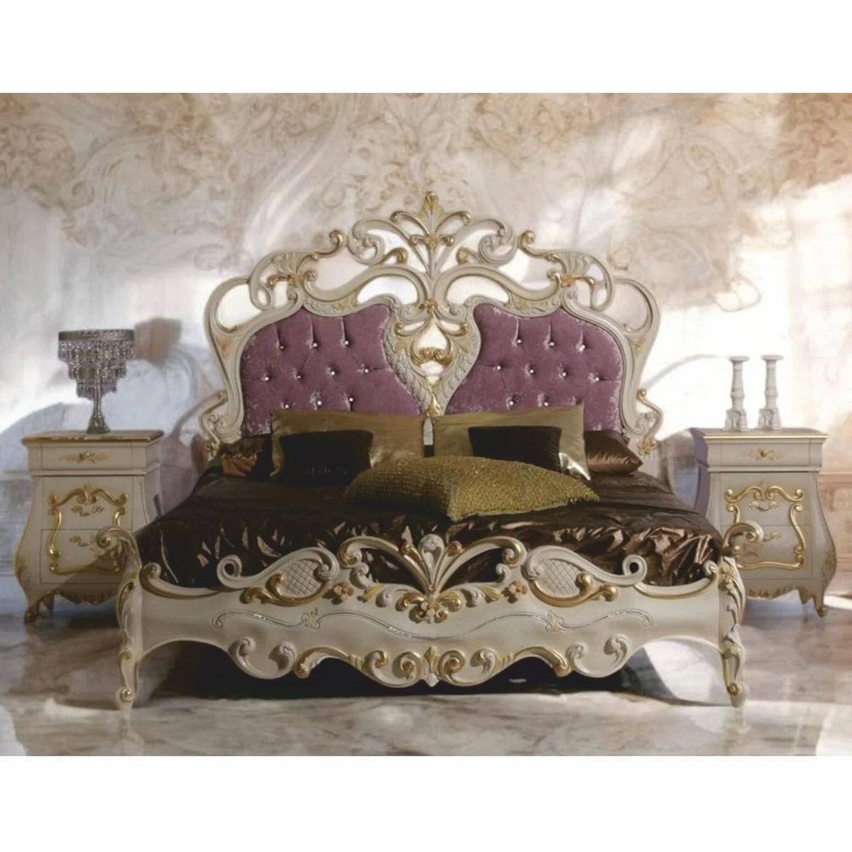Luxury baroque double bed with 2 nightstands cream / gold / purple - Made in Italy