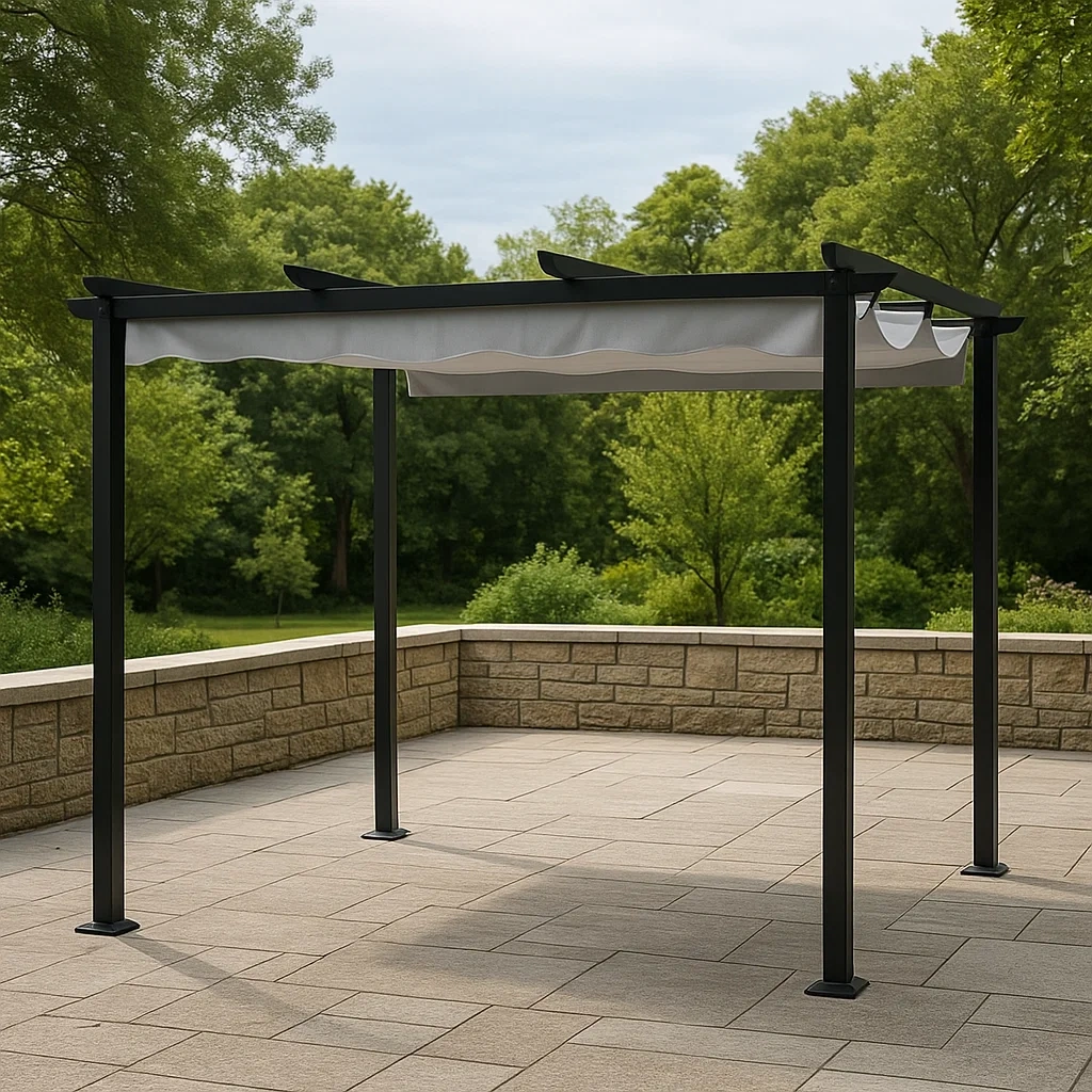 Rechteckige Pergola, Metall, schwarz, einziehbares Dach, feste Montage, 300 x 250 x 260 cm, für Garten oder Terrasse - L7S50nKuXjKO