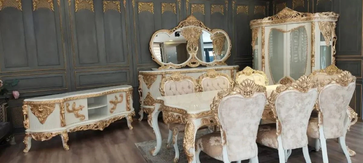 Luxury Baroque Dining Room Set Gray / White / Gold - 1 Baroque Dining Table & 6 Baroque Dining Room Chairs with Elegant Pattern - Dining Room Furniture in Baroque Style - Noble & Magnificent