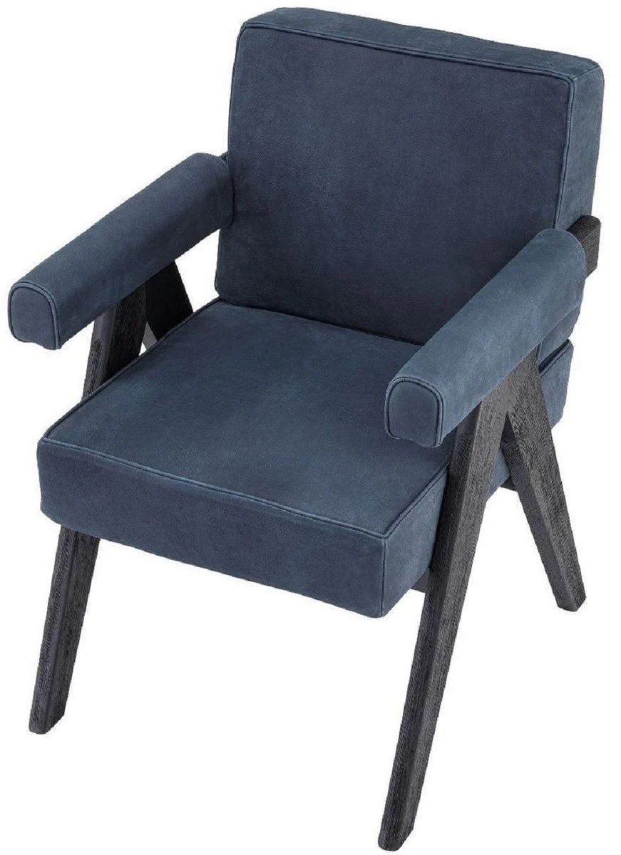 Luxury real leather dining room chair with armrests blue / black 64 x 70 x H. 87.5 cm - kitchen chair with elegant nubuck buffalo leather - luxury dining room furniture