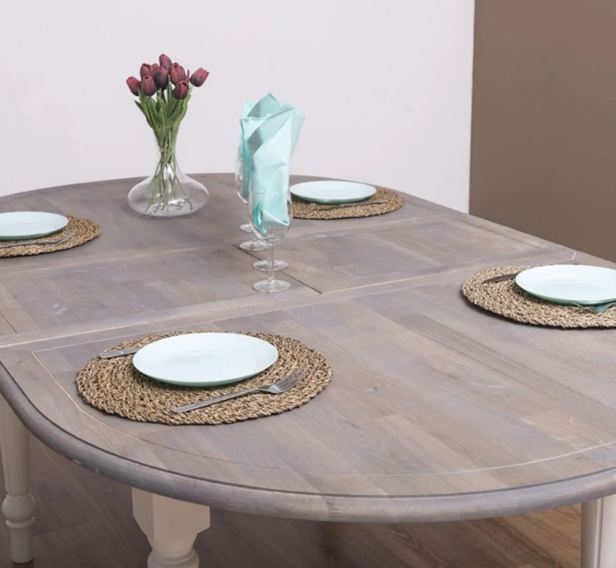 Country house style dining table gray / white 160 x 120 x H. 78 cm - Oval solid wood kitchen table with oak table top - Dining room furniture in country house style