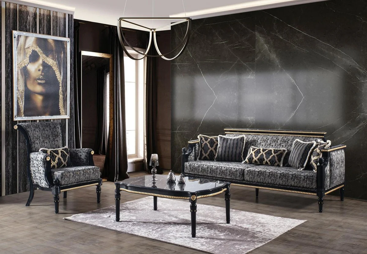 Luxus Barock Wohnzimmer Set Grau / Schwarz / Gold - 2 Sofas & 2 Sessel & 1 Couchtisch mit Glasplatte in Marmoroptik - Wohnzimmer Möbel im Barockstil - Edel & Prunkvoll