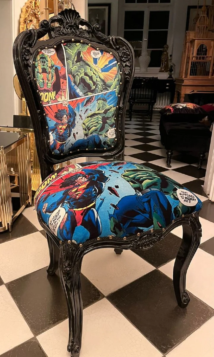 Luxury Baroque Dining Room Chair with Comic Design Multicolored / Black - Handmade Kitchen Chair in Baroque Style - Baroque Dining Room Furniture
