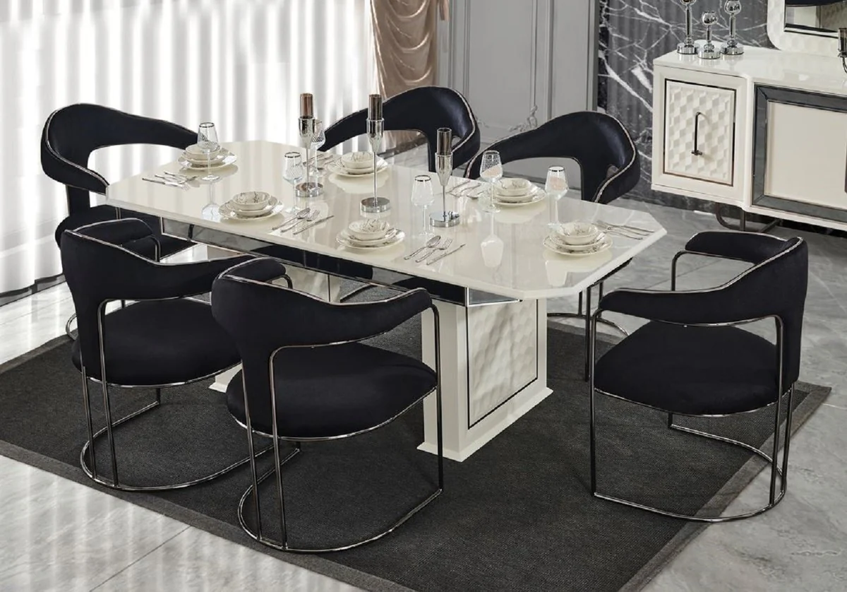 Luxury Art Deco Dining Room Set Black / White / Bronze - 1 Extendable Dining Table & 6 Dining Chairs with Armrests - Dining Room Furniture - Art Deco Furniture - Luxury Furniture