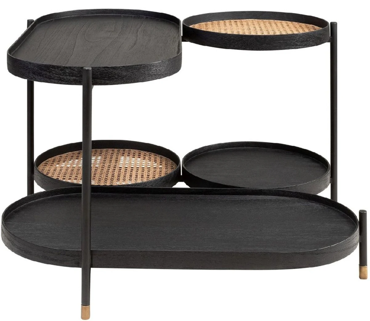 Luxury coffee table black / natural colors / brass 82.8 x 83.5 x H. 53 cm - Mindi wood & rattan living room table with steel frame - living room furniture - luxury furniture - luxury furnishings