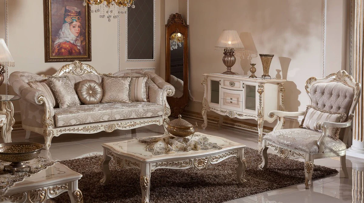 Luxus Barock Wohnzimmer Set Grau / Silber / Weiß / Gold - 2 Barock Sofas & 2 Barock Sessel & 1 Barock Couchtisch - Wohnzimmer Möbel im Barockstil - Barock Möbel - Barock Einrichtung