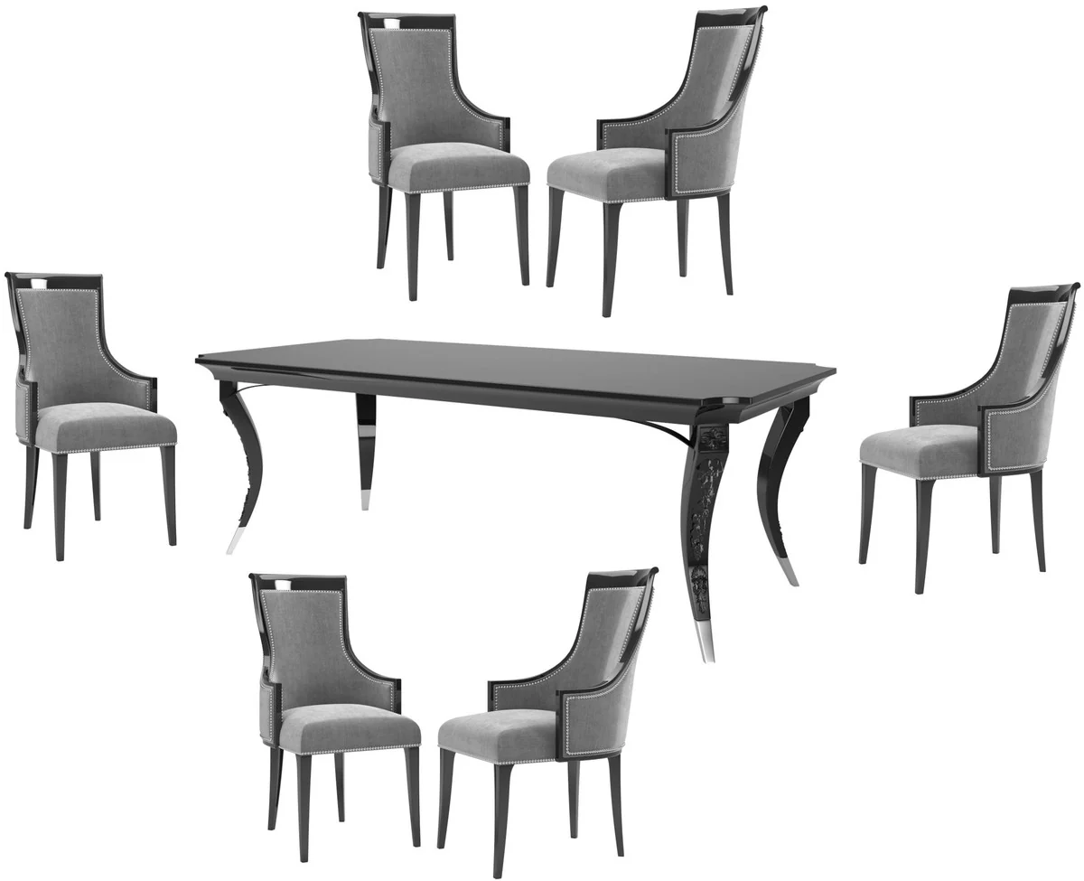 Luxury Art Deco Dining Room Set Gray / Black / Silver - 1 Dining Room Table & 6 Dining Chairs - Luxury Quality - Art Deco Dining Room Furniture