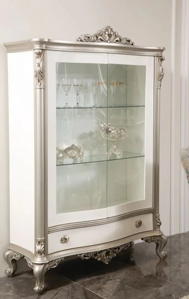 Luxury baroque display cabinet white / silver 124 x 54 x H. 198 cm - Elegant solid wood display cabinet with 2 glass doors and drawer - Baroque furniture