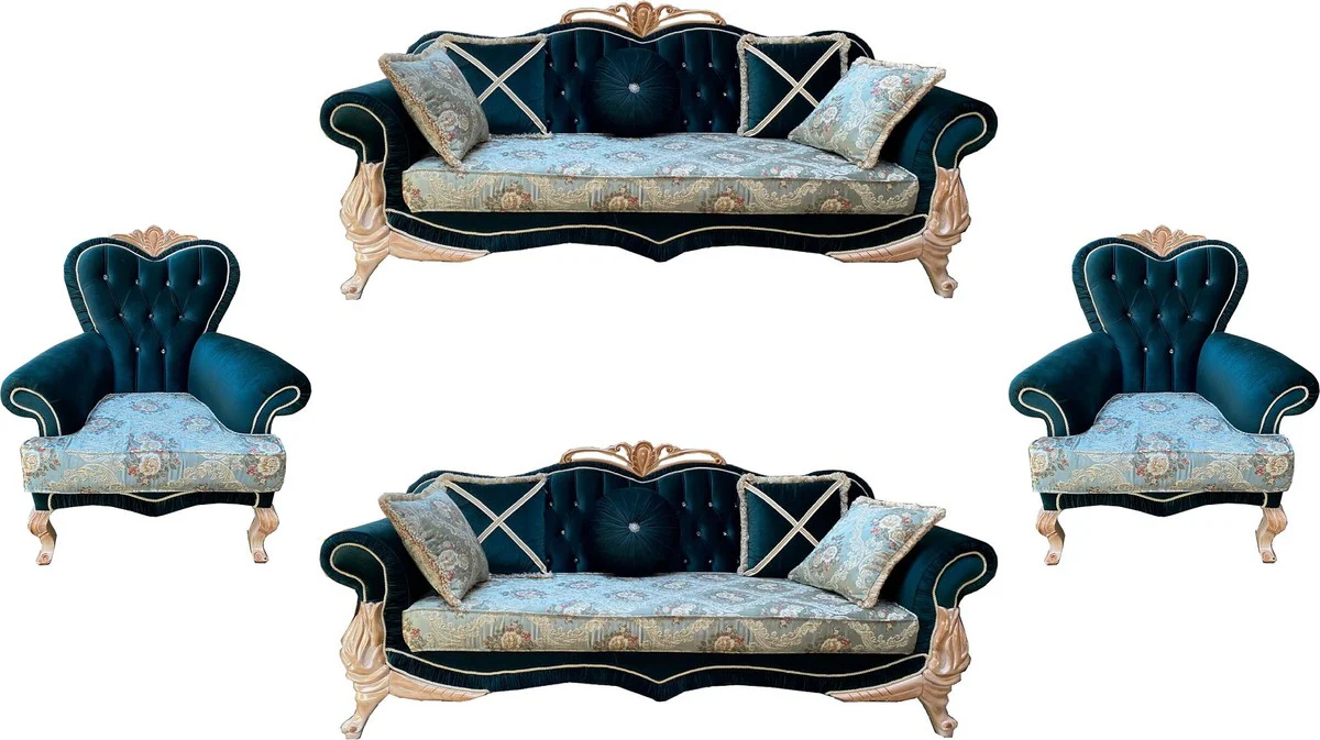 Luxus Barock Wohnzimmer Set mit elegantem Blumenmuster und Glitzersteinen Türkis / Grün / Creme - 2 Sofas & 2 Sessel - Prunkvolle Barock Wohnzimmer Möbel