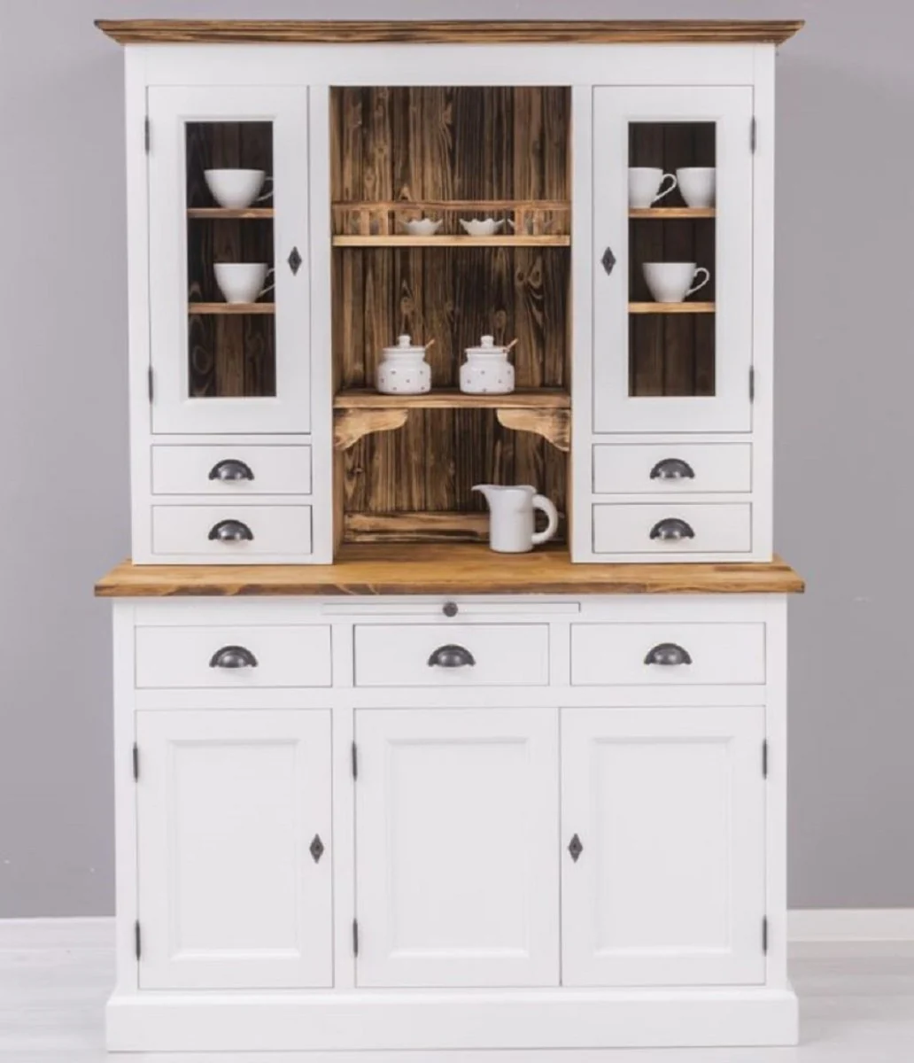 Country house style dining room cabinet white / brown 137 x 50 x H. 197 cm - solid wood kitchen cabinet - dining room furniture in country house style - country house style dining room furnishings