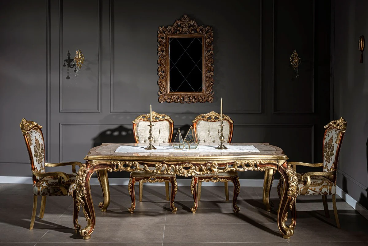 Luxury baroque dining table cream / beige / brown / gold 210 x 110 x H. 85 cm - magnificent solid wood dining room table - dining room furniture in the baroque style