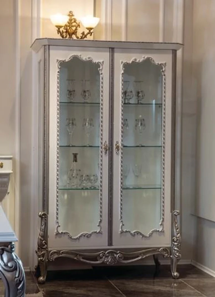 Luxury baroque display cabinet white / silver 125 x 55 x H. 195 cm - noble solid wood display cabinet with 2 glass doors and 3 glass shelves - furniture in the baroque style
