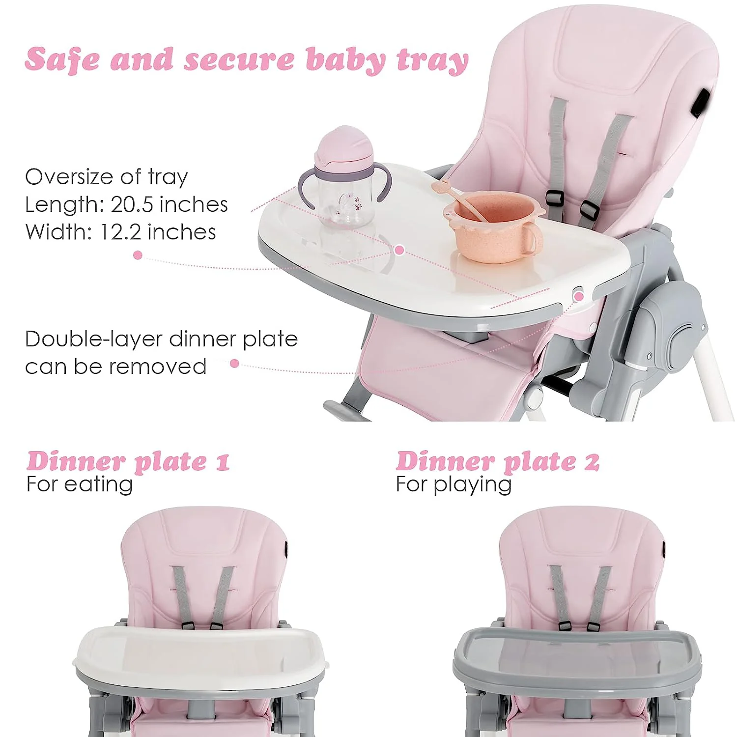 Hochstuhl für Babys und Kleinkinder, faltbarer Hochstuhl mit mehrfach verstellbarer Rückenlehne, Fußstütze und Sitzhöhe, abnehmbarem Tablett, abnehmbarem PU-Lederkissen, integrierten Hinterrädern (schwarz)