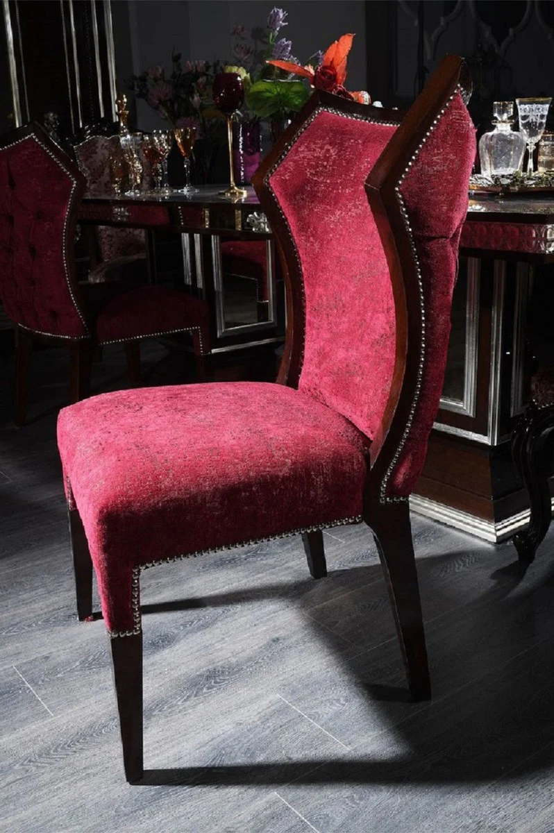 Luxury Baroque Dining Room Chair Set Bordeaux Red / Dark Brown / Silver - 6 Kitchen Chairs in Baroque Style - Baroque Dining Room Furniture