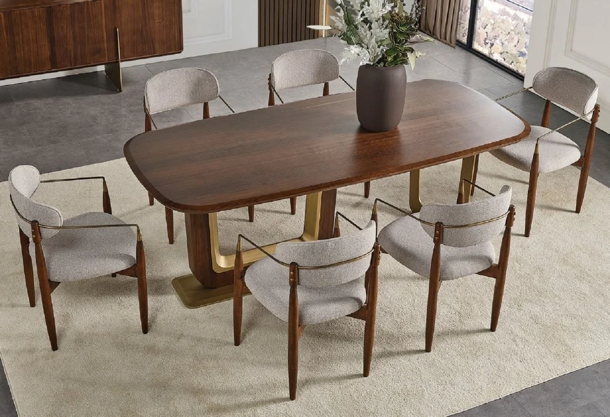 Luxury dining room set gray / brown / brass - 1 luxury dining room table & 6 luxury dining room chairs with armrests - dining room furniture - restaurant furniture - luxury furniture - luxury furnishings