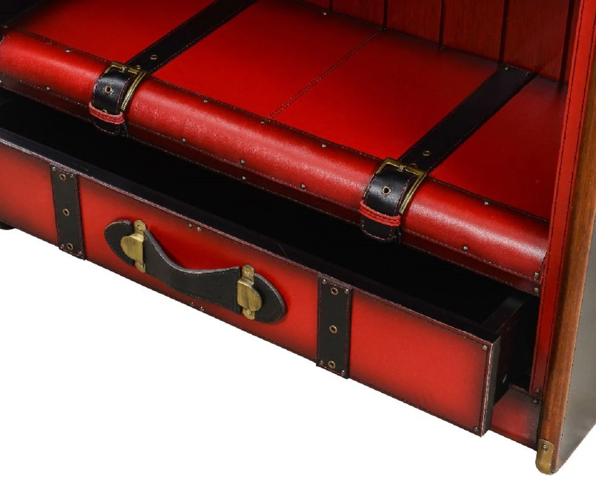 Luxury shelf cabinet in suitcase look red / black / brown / brass 84 x 35 x H. 187.5 cm - solid wood cabinet with real leather - office cabinet - office furniture - luxury furniture in suitcase look