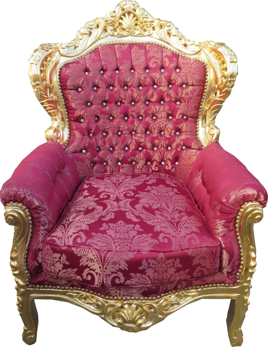 Barock Sessel King Bordeaux Bouquet Muster / Gold mit Bling Bling Glitzersteinen - Möbel Antik Stil