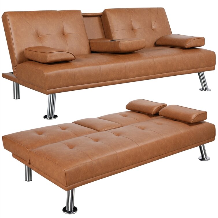 Janni 66''' Wide Faux Leather Cushion Back Convertible Sofa with Cup Holder