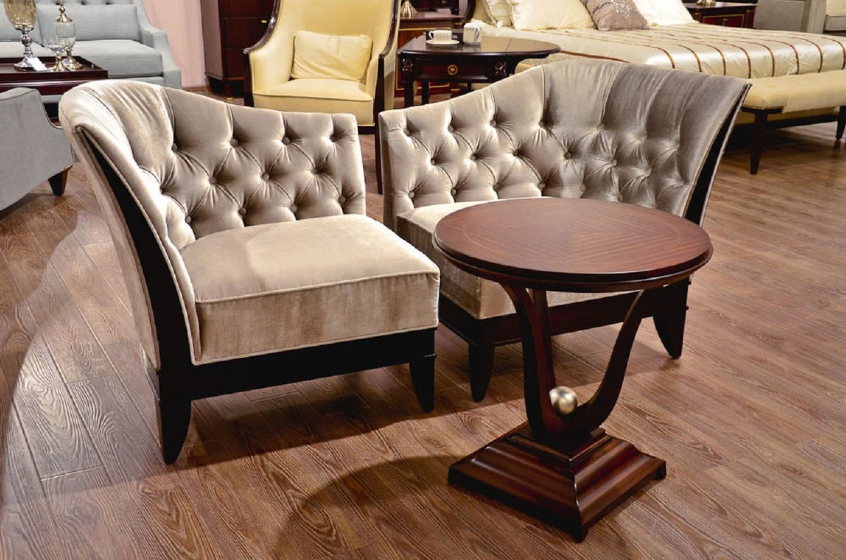 Luxury armchair silver gray / dark brown 87 x 69.5 x H. 84 cm - Neoclassical living room armchair with elegant velor fabric - Living room furniture in neoclassical style