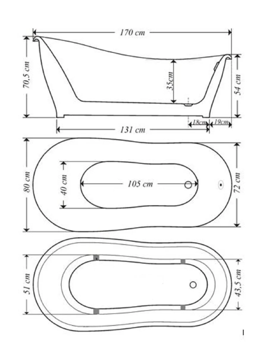 Luxury Art Nouveau bathtub white 170 x 80 x H. 70.5 cm - Freestanding retro antique bathtub - Bathroom furniture