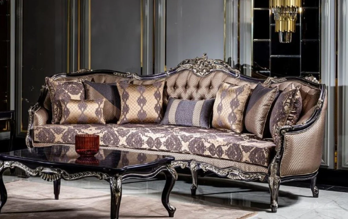Luxury Baroque Sofa Gold / Purple - Magnificent living room sofa with elegant pattern and decorative pillows - Living room furniture in baroque style