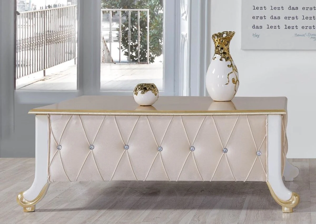 Baroque coffee table beige / white / gold 100 x 64 x H. 43 cm - Noble baroque style living room table with glittering stones - Baroque furniture
