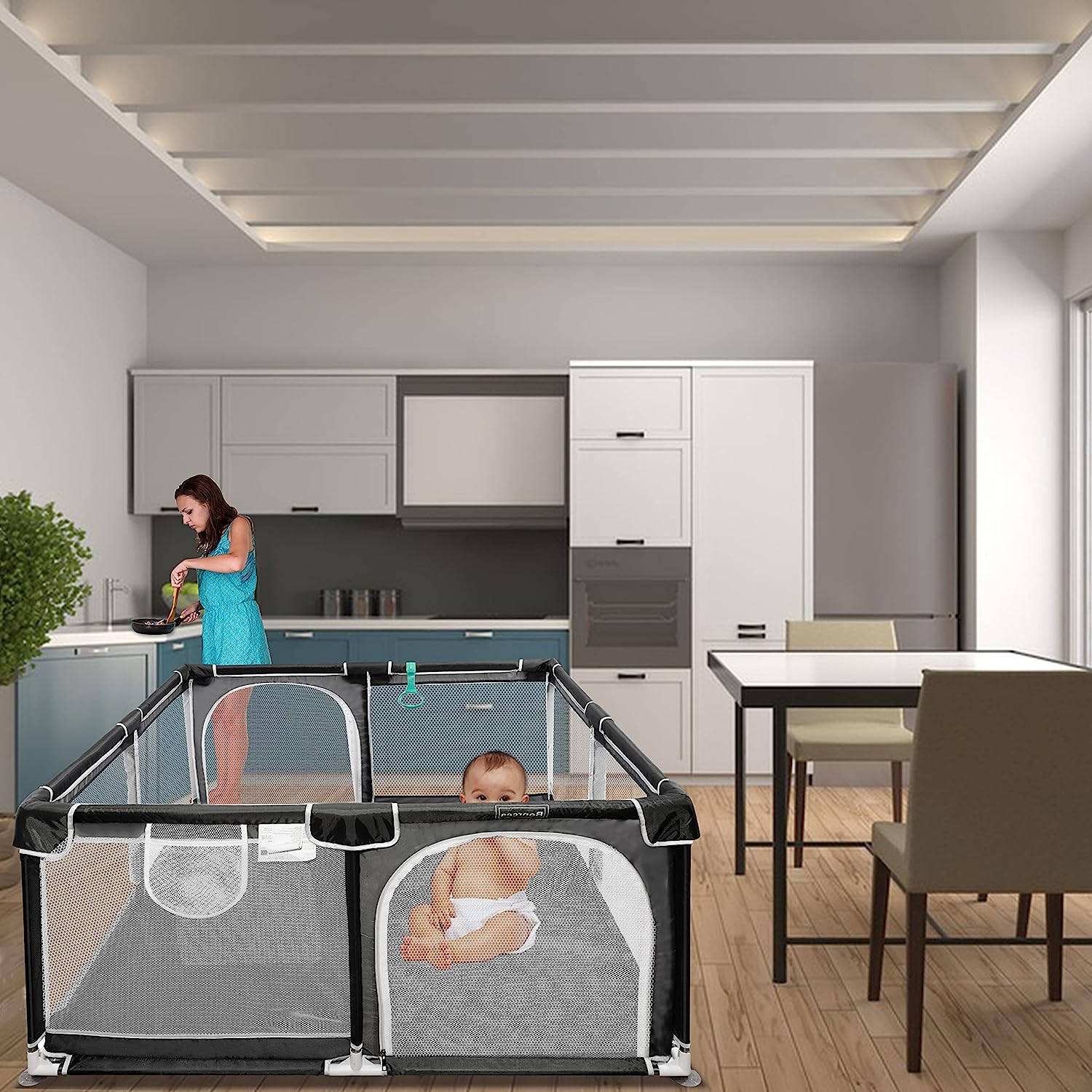 Baby-Laufstall, 127 x 127 cm, Pack N Play, Laufstall, Babygitter, Kinderaktivitätscenter, Laufstall für Babys und Kleinkinder, für drinnen und draußen (schwarz)