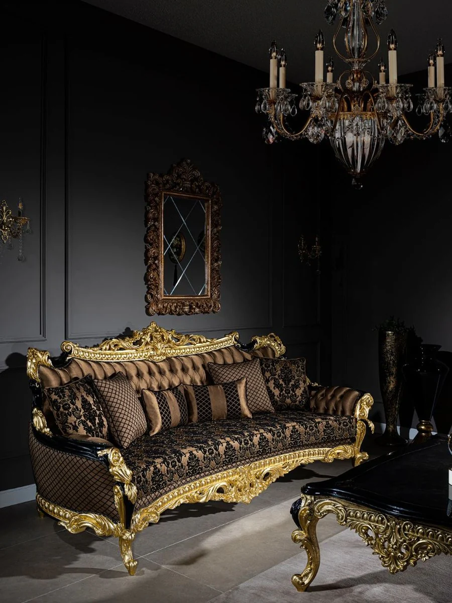 Luxury baroque sofa brown / black / gold 260 x 110 x H. 117 cm - Magnificent living room sofa with decorative pillows - Noble baroque furniture