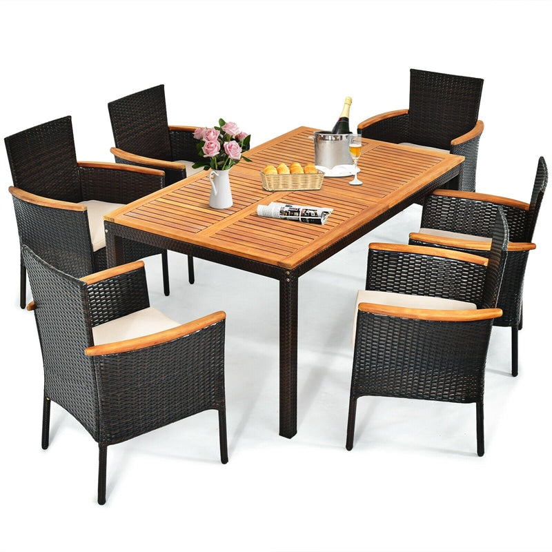 7 Piece Rattan Patio Dining Set mit Acacia Holz Tisch & Stapelbare Wicker Stühle