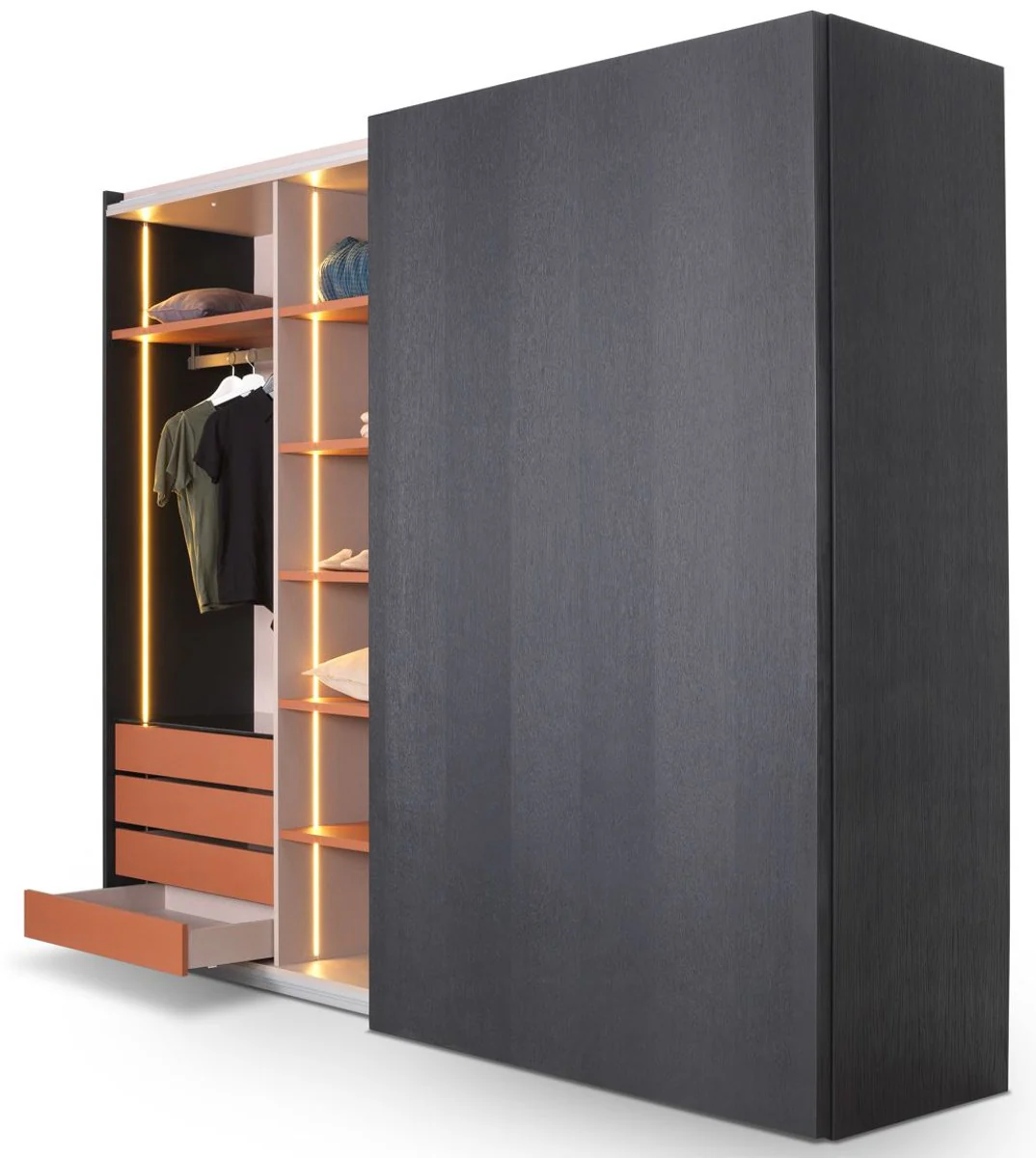 Luxury bedroom wardrobe black 260 x 70 x H. 228 cm - Illuminated solid wood wardrobe with 2 sliding doors - Bedroom furniture - Hotel furniture - Luxury furniture