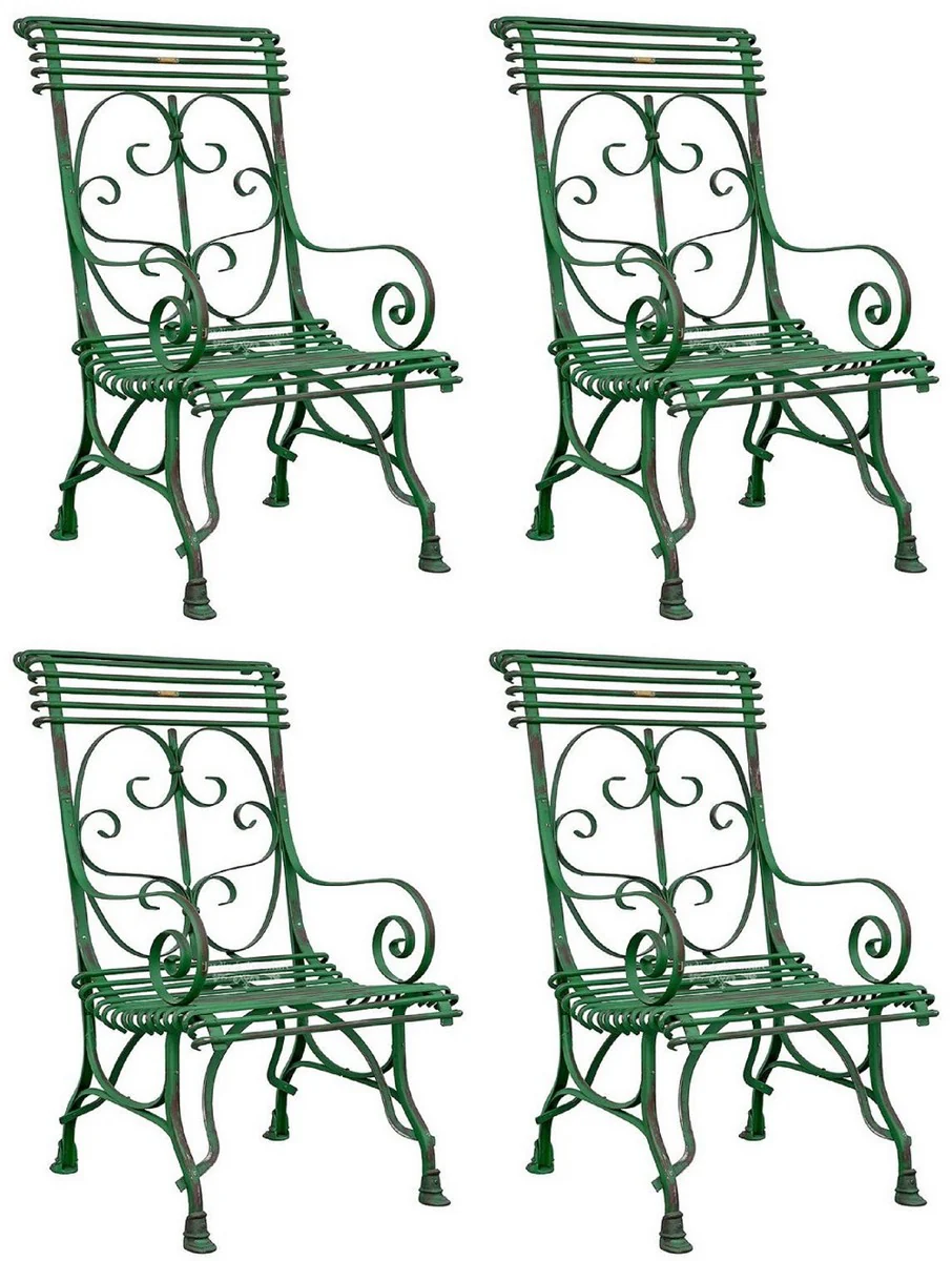 Art Nouveau Garden Chair Set of 4 Antique Green 64 x 66 x H. 114 cm - Handcrafted Wrought Iron Chairs with Armrests - Nostalgic Garden & Patio Furniture