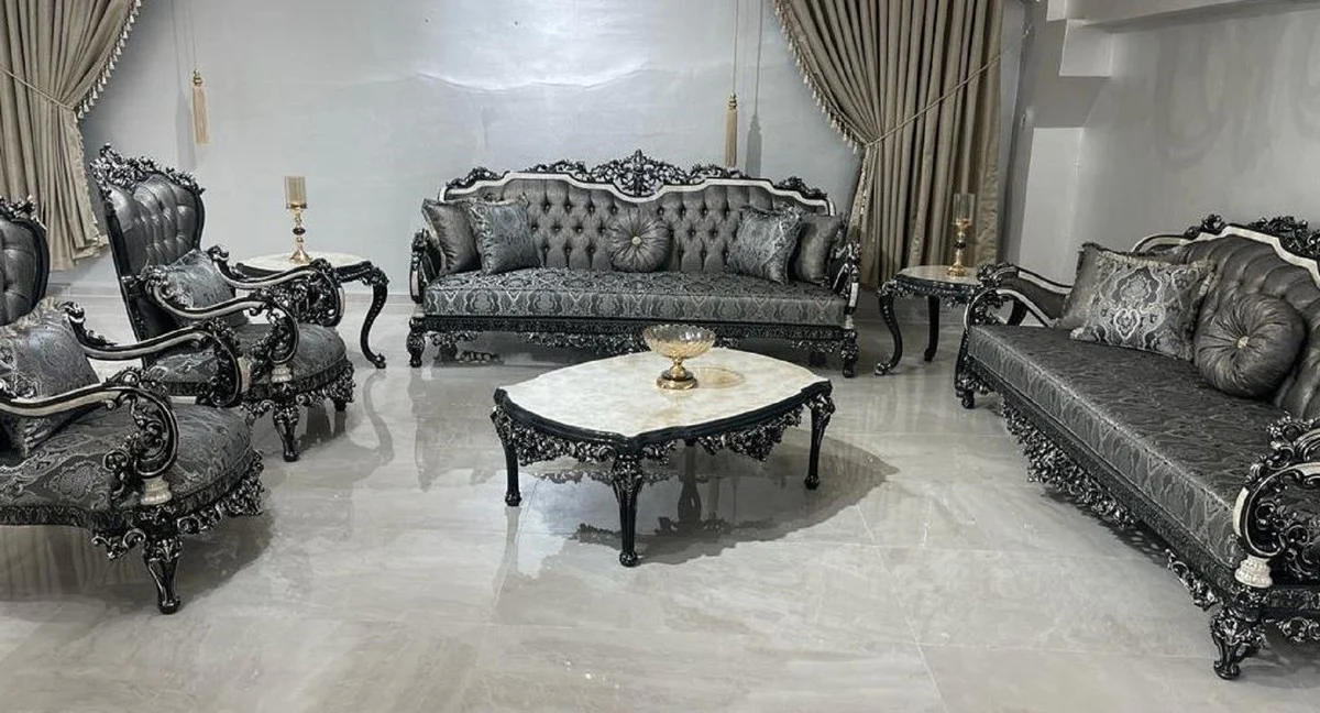 Luxus Barock Wohnzimmer Set Silber / Weiß / Schwarz / Gold - 2 Barock Sofas & 2 Barock Sessel & 1 Barock Couchtisch - Luxus Wohnzimmer Möbel im Barockstil - Barock Möbel