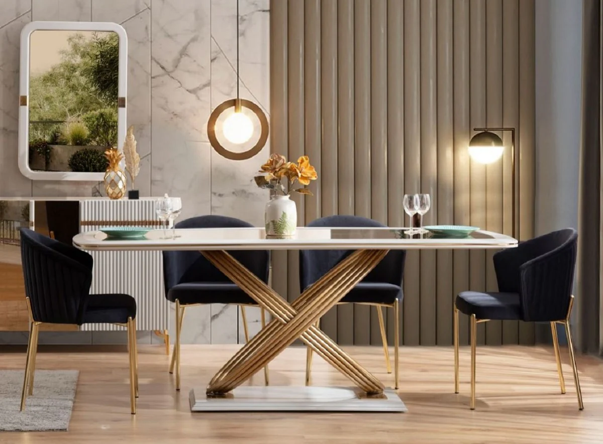 Luxury dining table with glass top white / gold 207 x 97 x H. 79 cm - Dining room furniture - Luxury furniture - Luxury collection