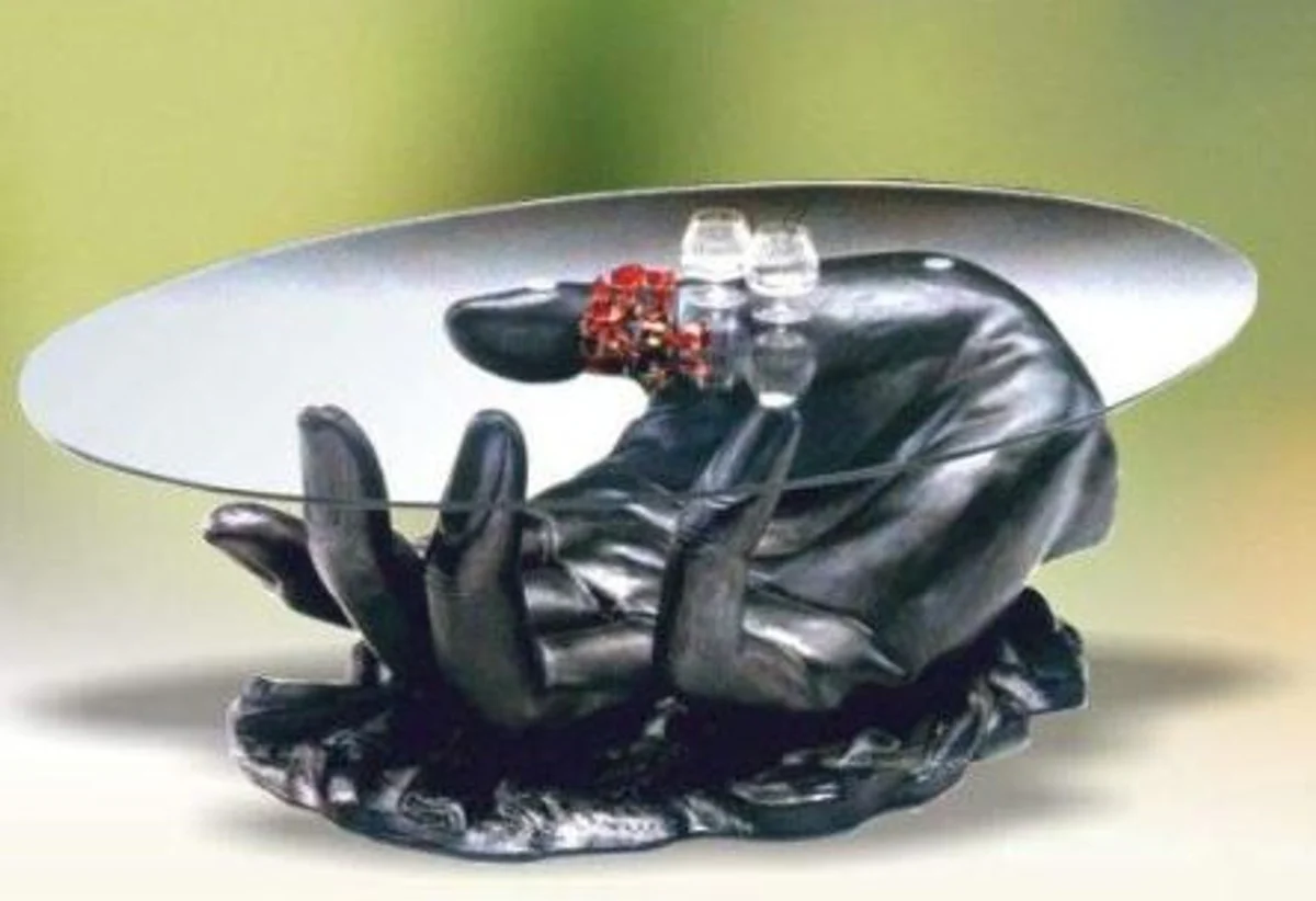 Designer coffee table hand black 89 x 60 x H. 43.5 cm - living room table with oval glass top - designer living room furniture