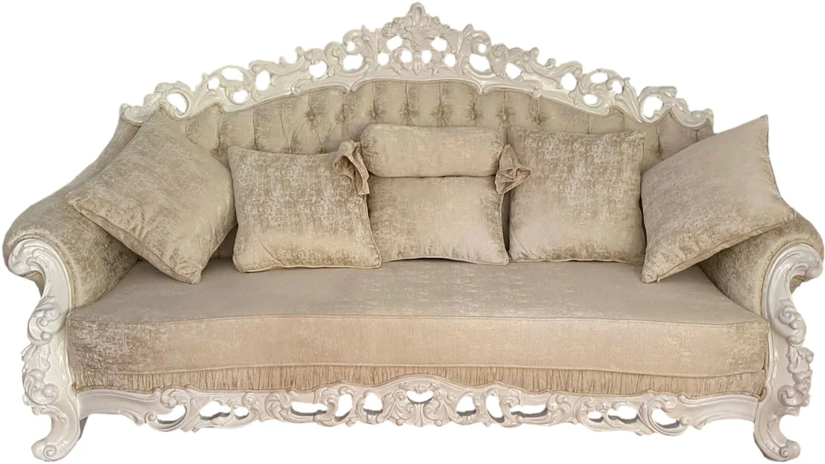 Luxury Baroque Sofa Cream / White - Magnificent living room sofa with decorative pillows - Baroque furniture