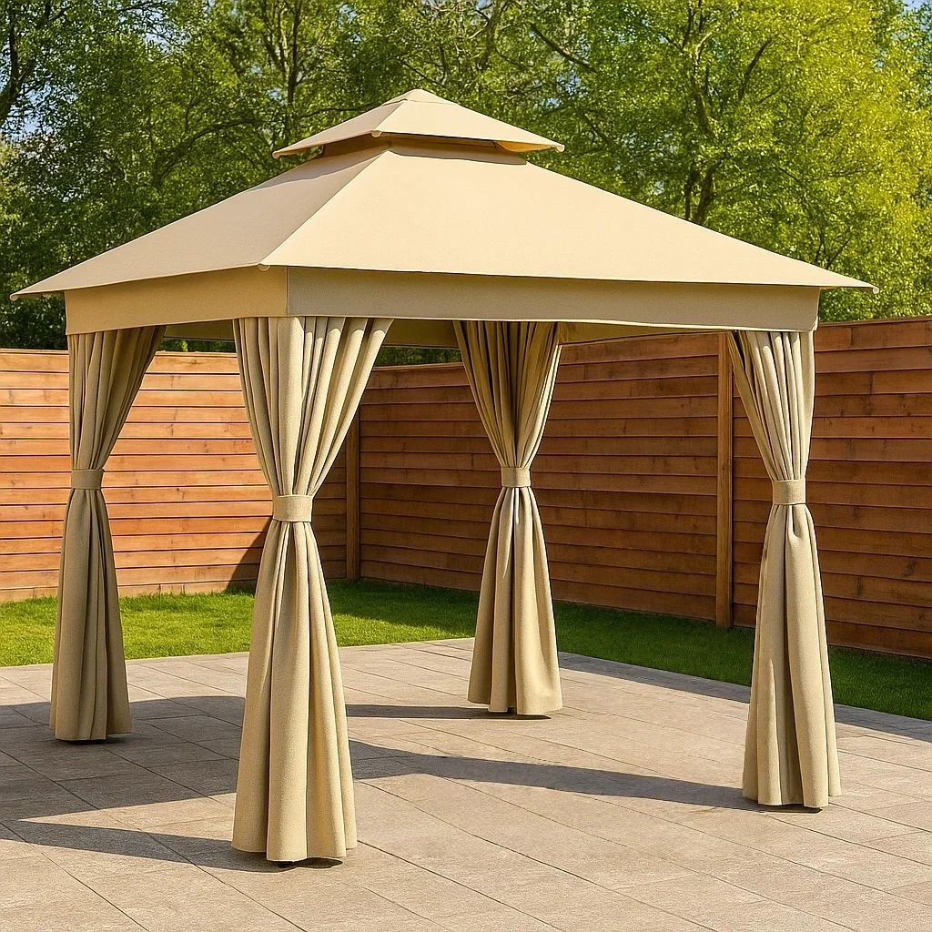 Rechteckiger Pavillon und Kiosk, Metallkonstruktion, beige, Walmdach, selbsttragend, 300 x 200 x 270 cm, für den Außenbereich. - ojzK6jDjpt7r